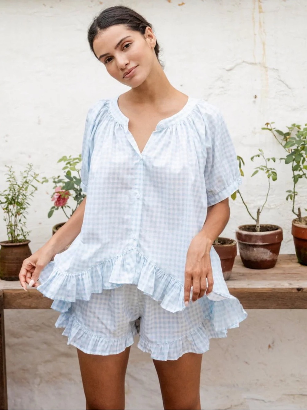 Gingham Ruffle Short Pajama Set - Light Blue
